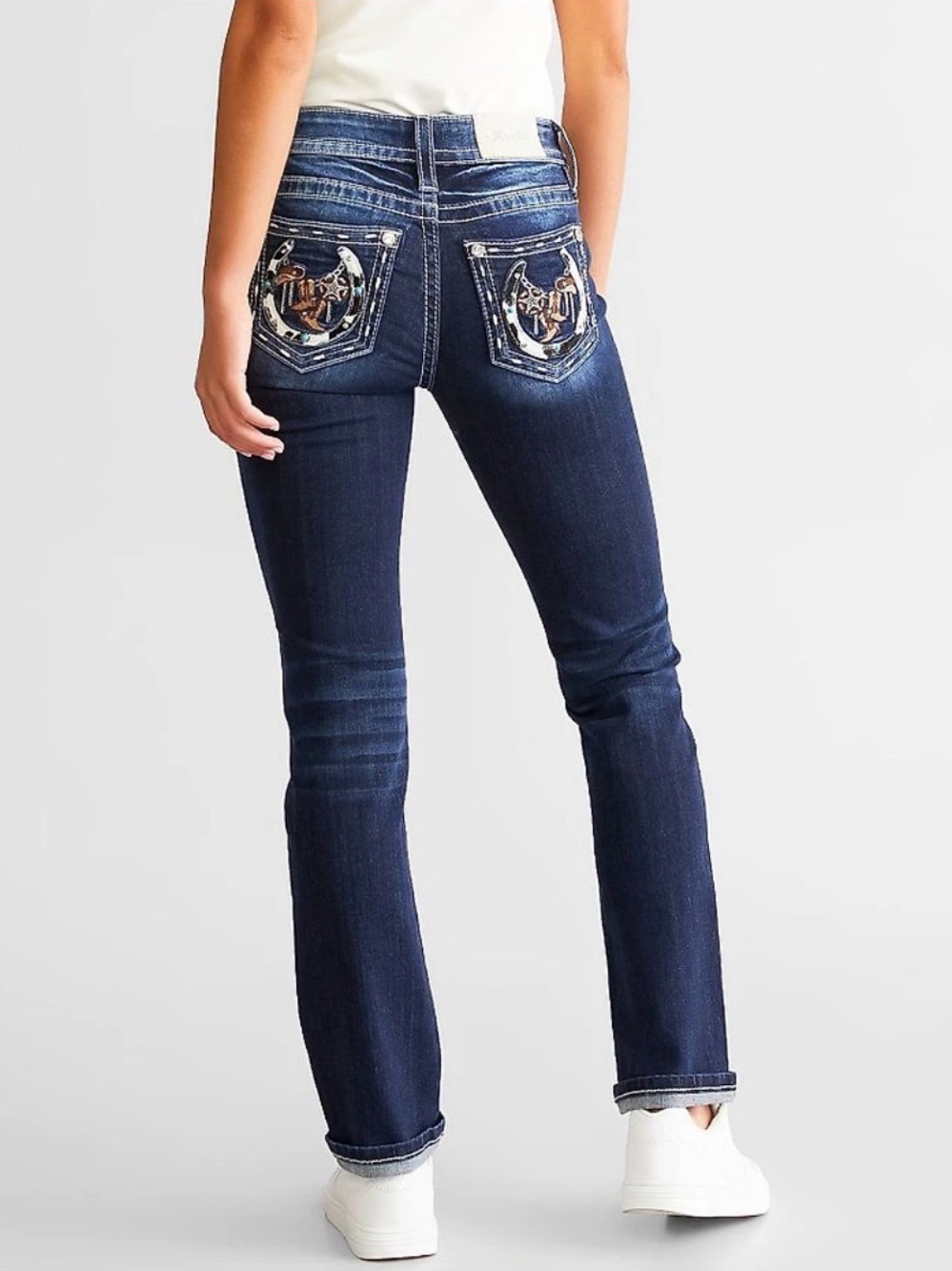 MISS ME | Mid-Rise Straight Stretch Dark Wash Jean 28 Horseshoe Cowboy Boots Hat - Picture 11 of 16